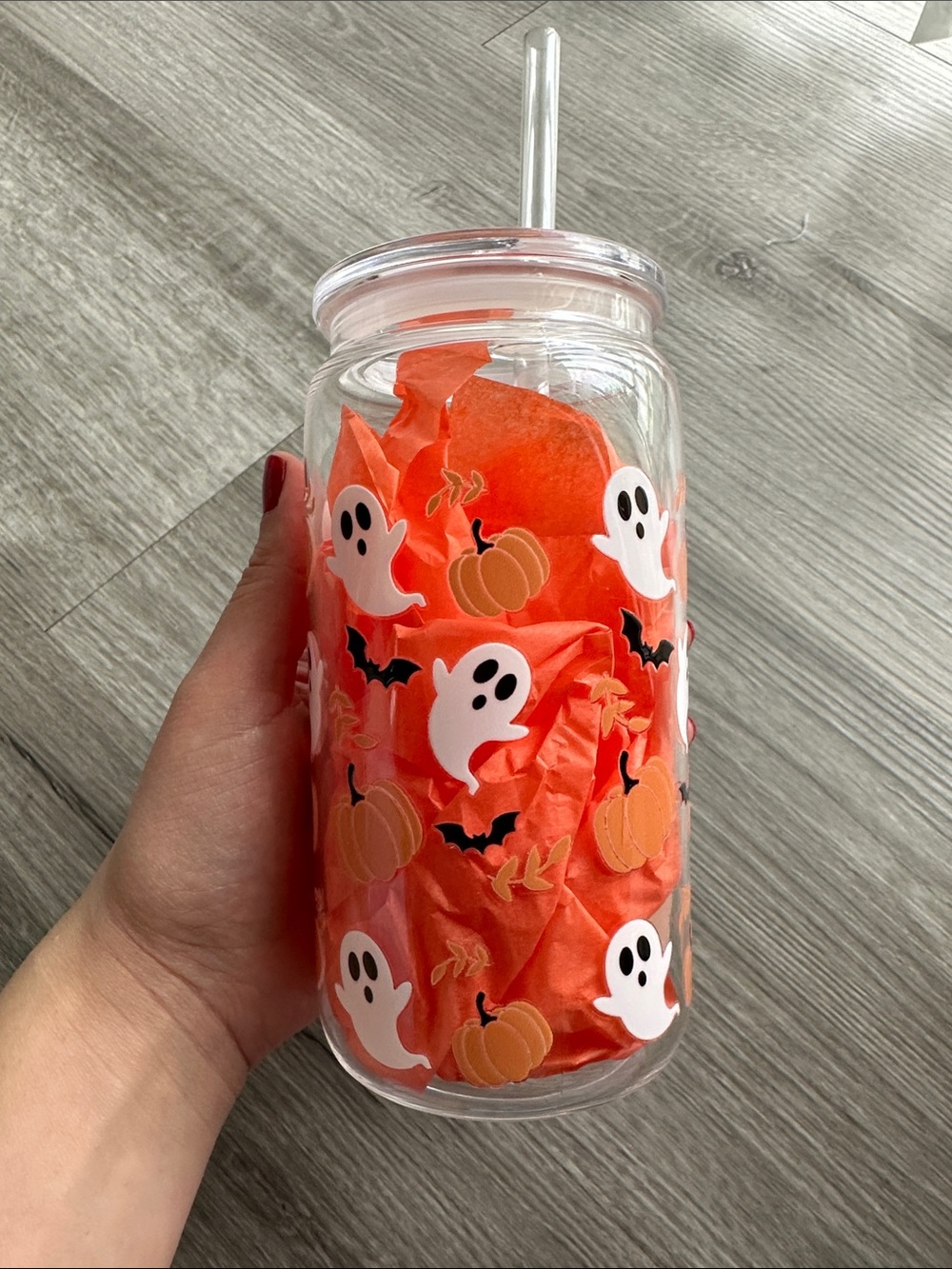 Halloween Ghost & Pumpkin plastic cup with Straw - Orange